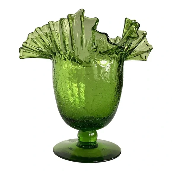 Blenko 388 Green Crackle Art Glass Vase Handcrafted Crimped Ruffled Edge Vintage - Picture 5 of 16